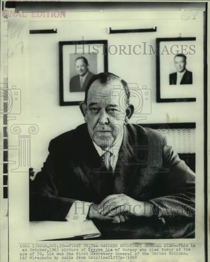 1963 Press Photo First Secretary General of United Nations Trygve Lie of Norway