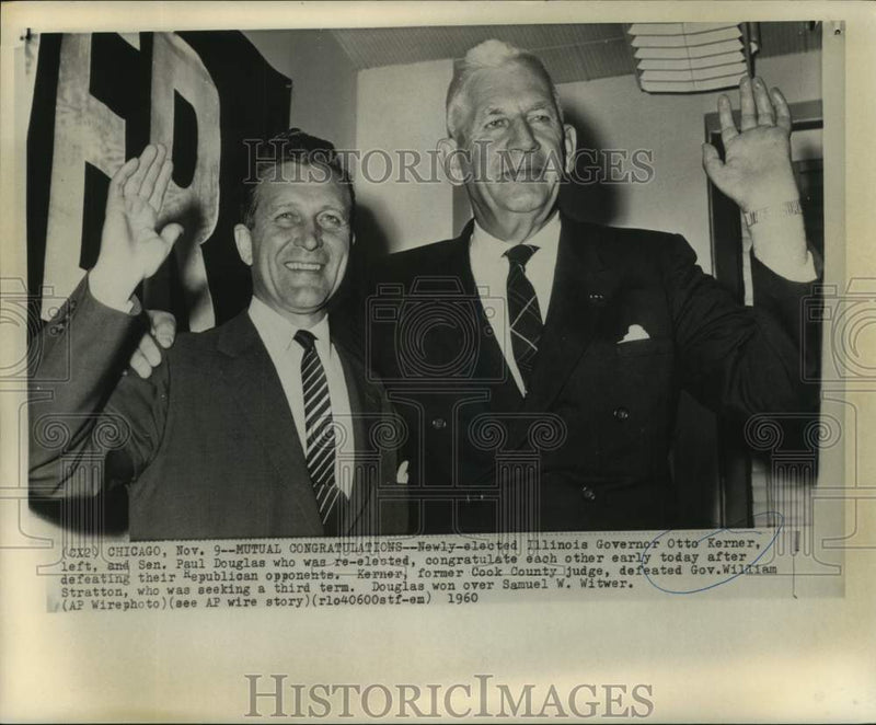 Load image into Gallery viewer, 1960 Press Photo Mutual congratulations between Governor Kerner and Douglas
