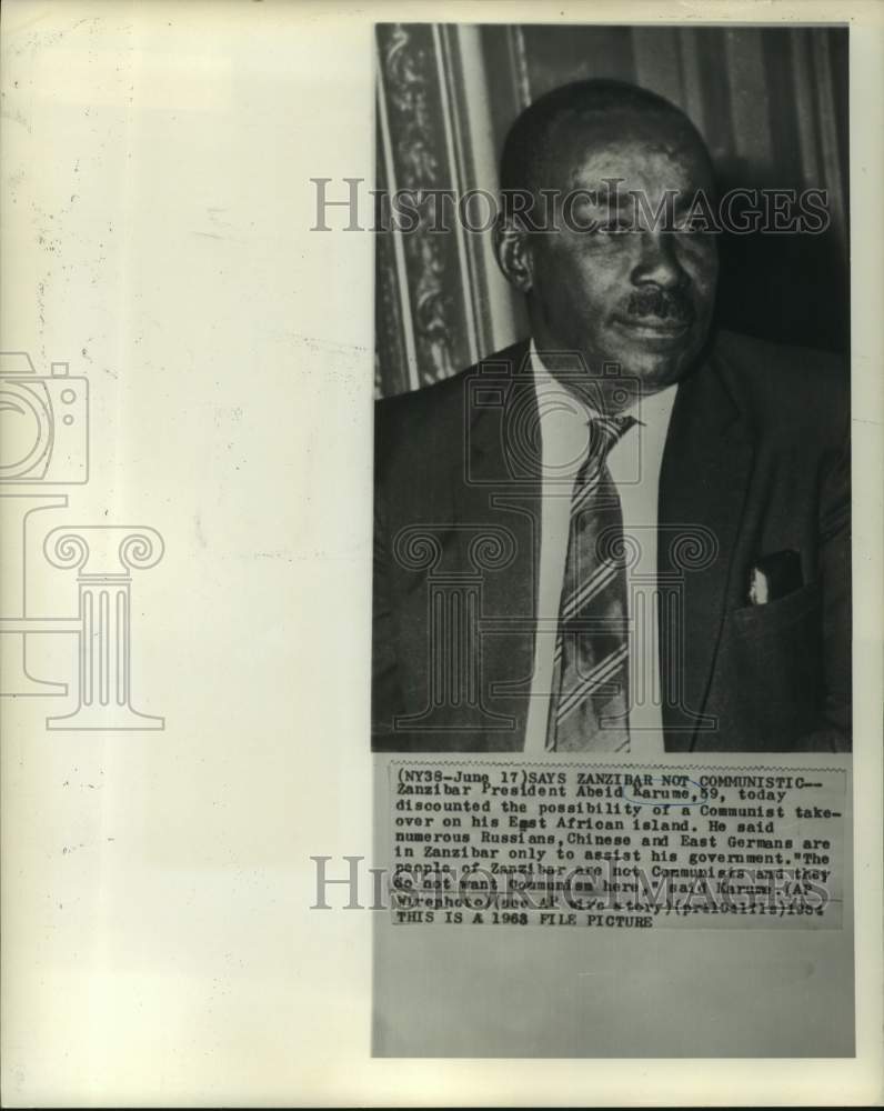Load image into Gallery viewer, 1963 Press Photo Zanzibar President Karume says Zanzibar is not Communist.
