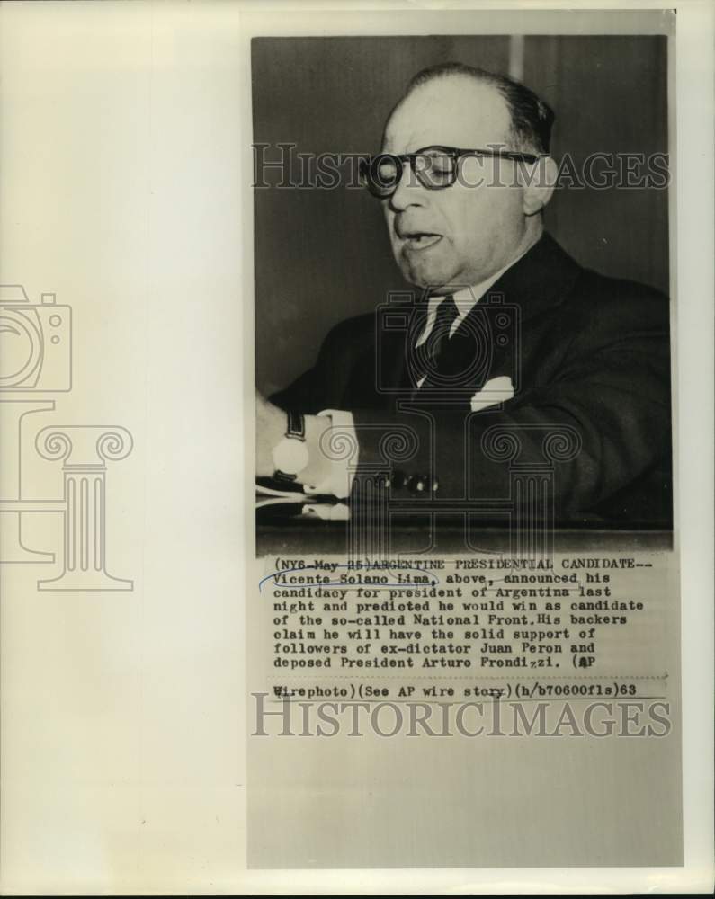 1963 Press Photo Argentine Presidential candidate Vicente Solano Lima