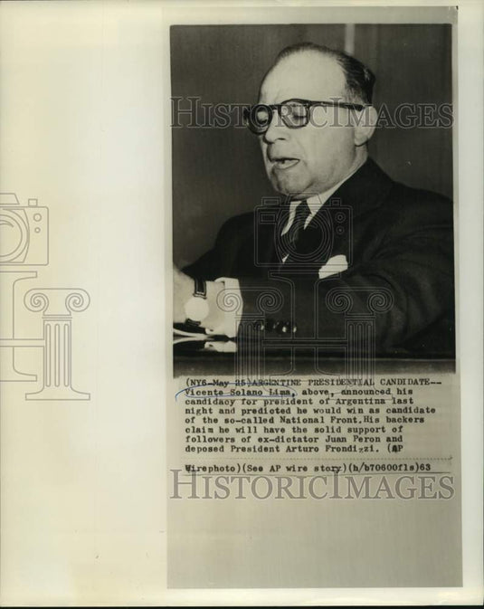 1963 Press Photo Argentine Presidential candidate Vicente Solano Lima