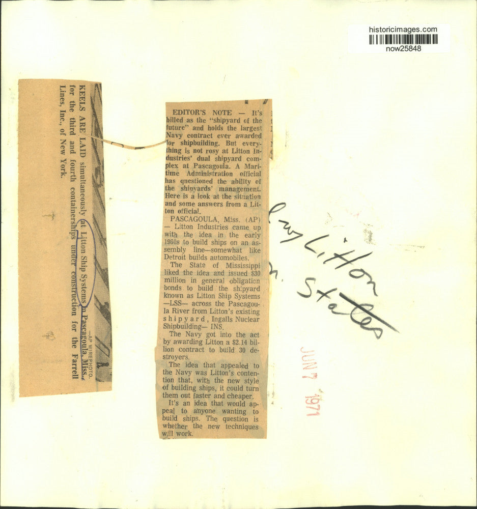 1971 Press Photo Container ship keels laid simultaneously at Litton Ship System