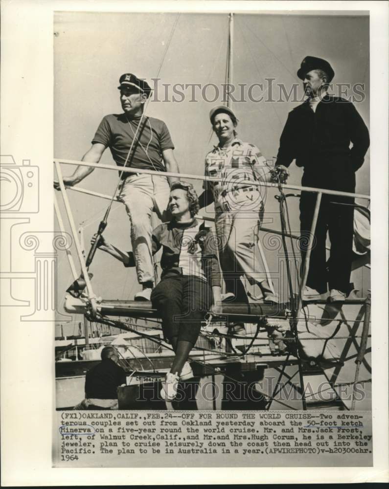 1964 Press Photo Two couples aboard Minerva off for five-year world cruise