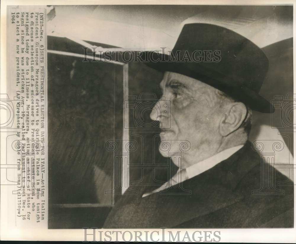 1964 Press Photo Acting Italian President Merzagora drives to Quirinale Palace