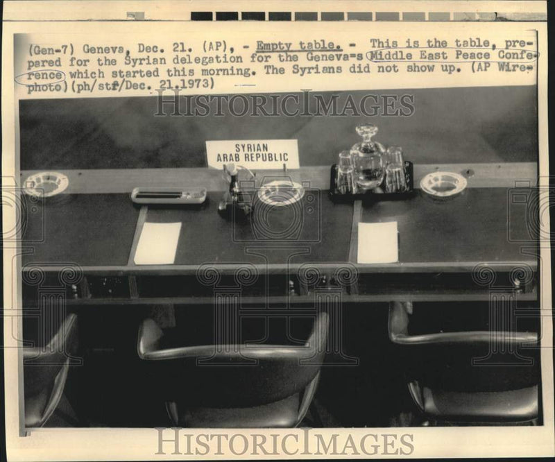 Load image into Gallery viewer, 1973 Press Photo Empty Syrian delegation table at Geneva Peace Conference
