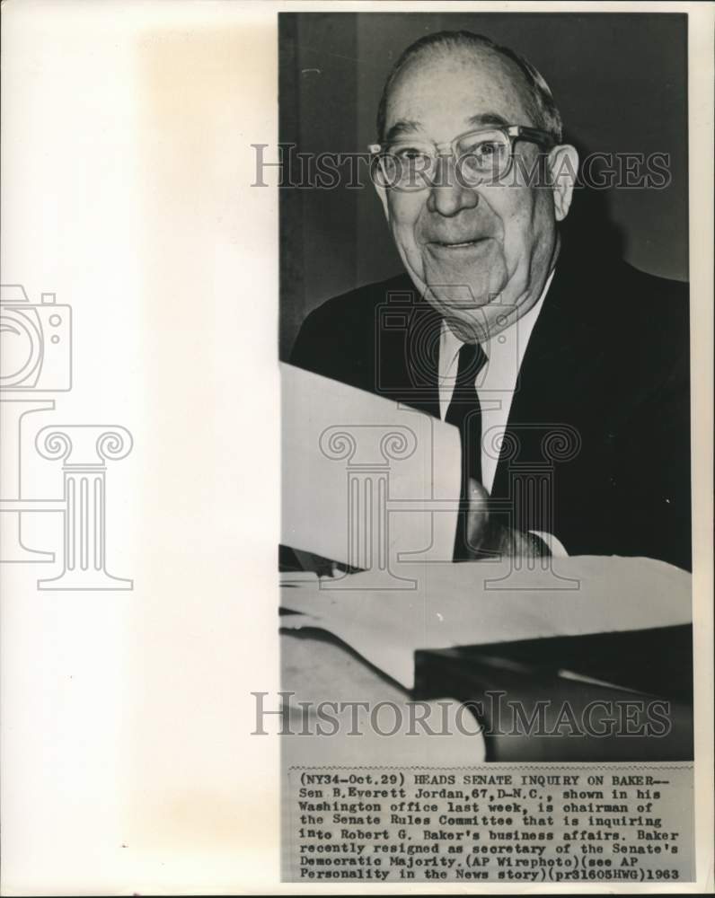 1963 Press Photo Senator Everett Jordan of Senate Rules Committee in Washington