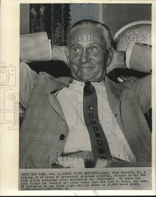 1961 Press Photo Famed flier Captain Dick Merrill announces retirement