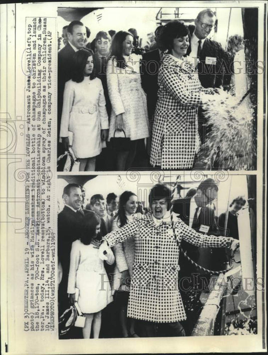 1969 Press Photo Astronaut James Lovell and family at containership launching.