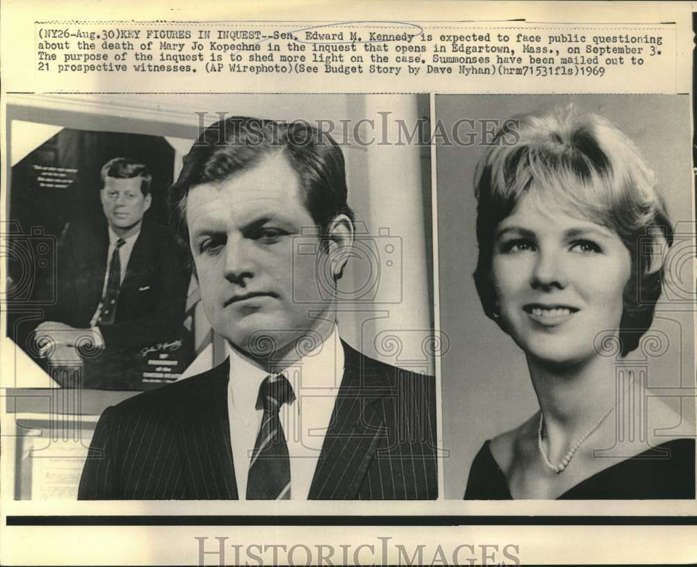 1969 Press Photo Senator Kennedy and Kopechne are key figures in inquest.