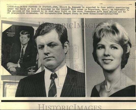 1969 Press Photo Senator Kennedy and Kopechne are key figures in inquest.
