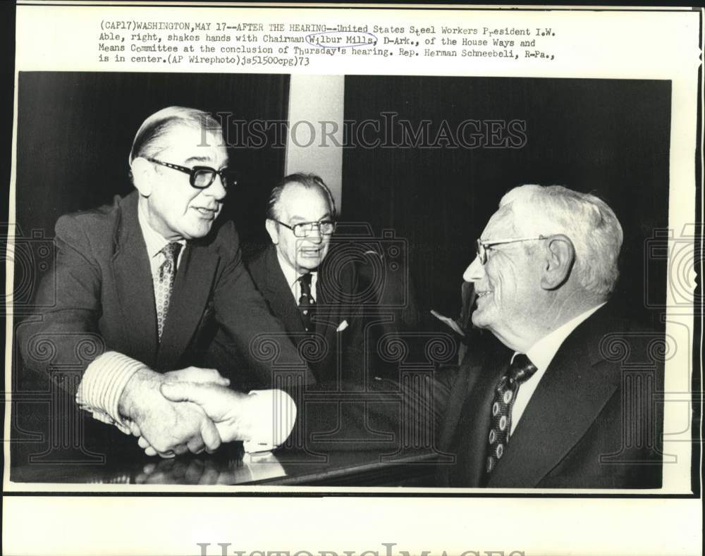 1973 Press Photo Wilbur Mills and Schneebeli meet with steel Workers&#39; I.W. Able