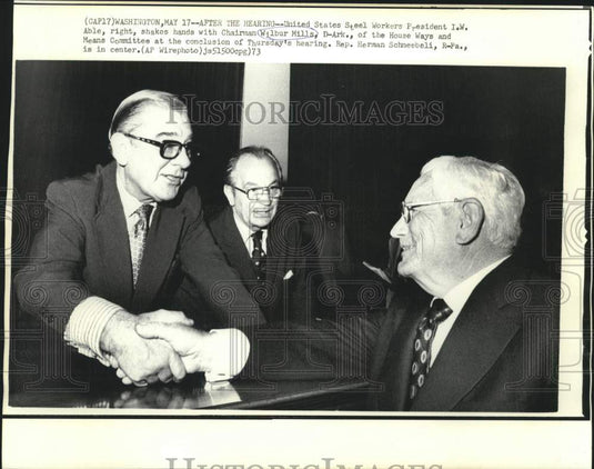 1973 Press Photo Wilbur Mills and Schneebeli meet with steel Workers' I.W. Able