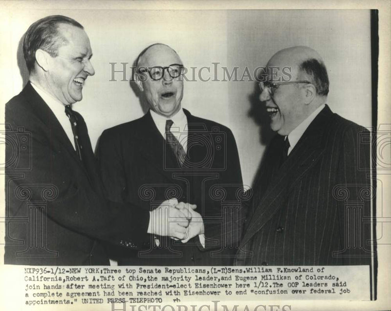 Load image into Gallery viewer, 1953 Press Photo Three Senate Republicans join hands after Eisenhower meeting
