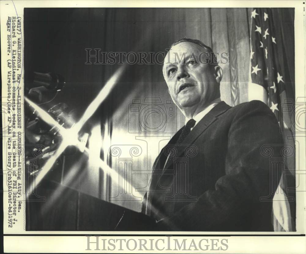 1972 Press Photo Acting AG Kleindienst comments on FBI Director Hoover&#39;s death.