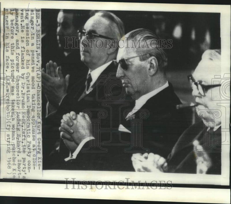 Load image into Gallery viewer, 1968 Press Photo Chancellor Kiesinger with Dr. Heck and Erhard at convention.
