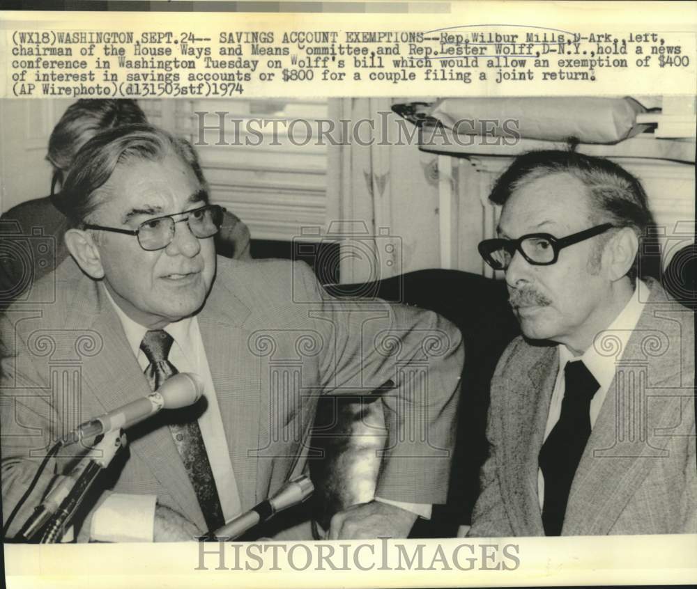 1974 Press Photo Representatives Mills and Wolff hold Washington news conference