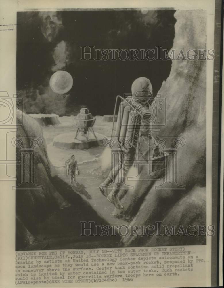 1966 Press Photo United Technology artists depict astronauts on moon landscape