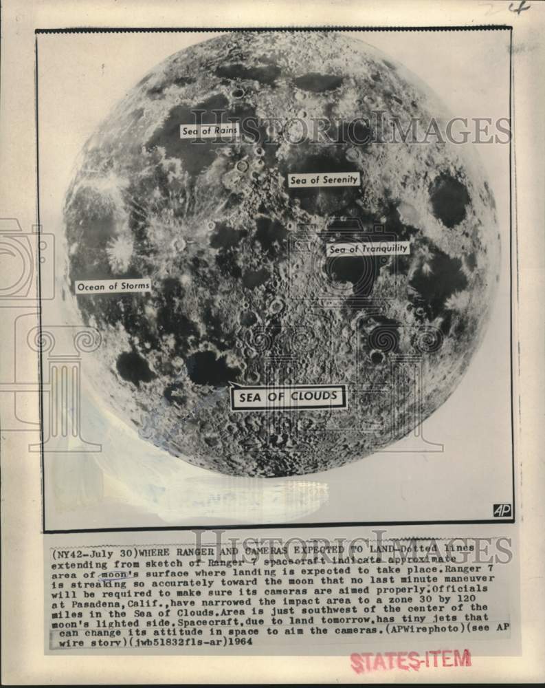 1964 Press Photo Map sketch indicates Ranger 7&#39;s moon landing area - now29031