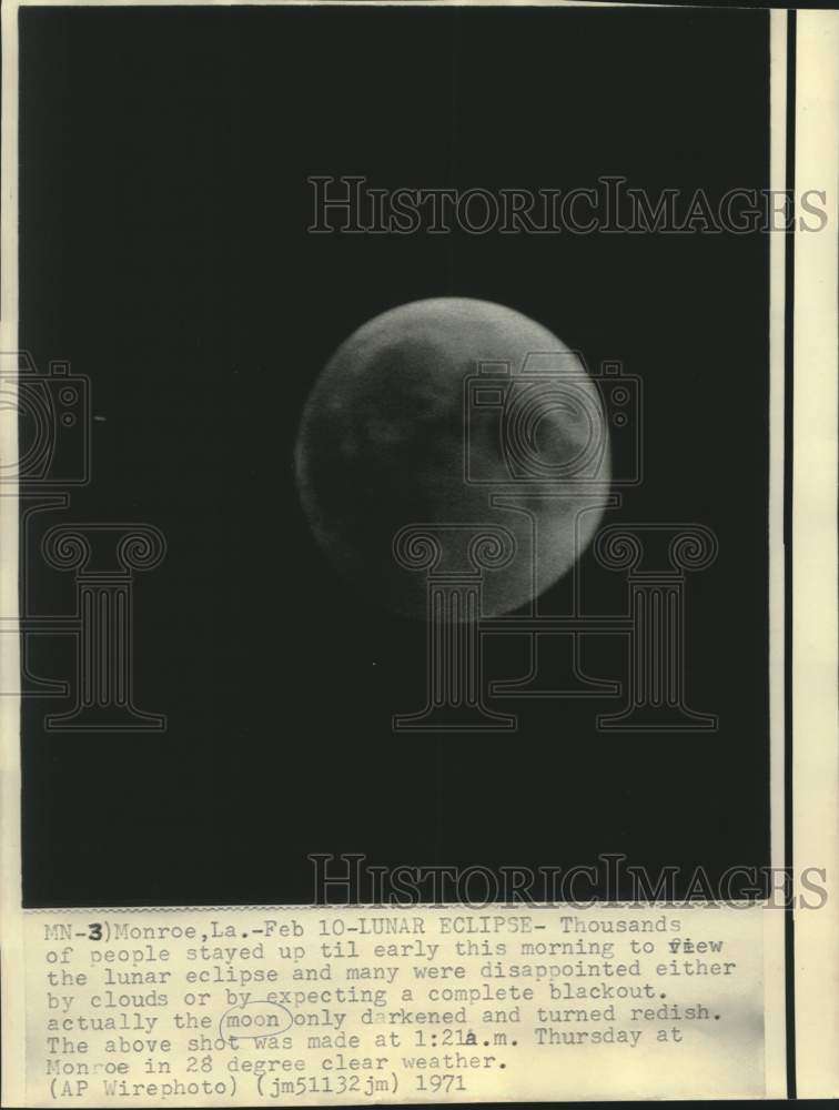 1971 Press Photo Lunar eclipse in Monroe, Louisiana at 1:21 a.m. in 28 degree