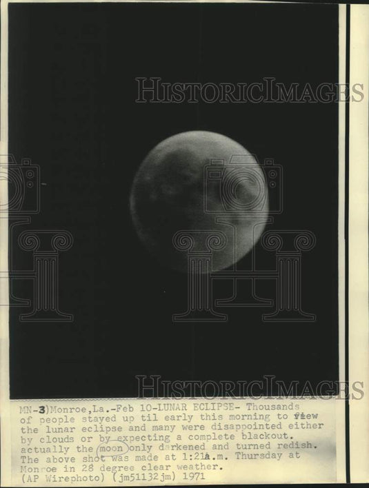 1971 Press Photo Lunar eclipse in Monroe, Louisiana at 1:21 a.m. in 28 degree