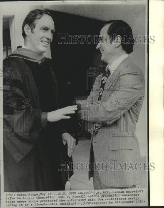 1975 Press Photo Representative Henson Moore and LSU's Murrill chat in Louisiana