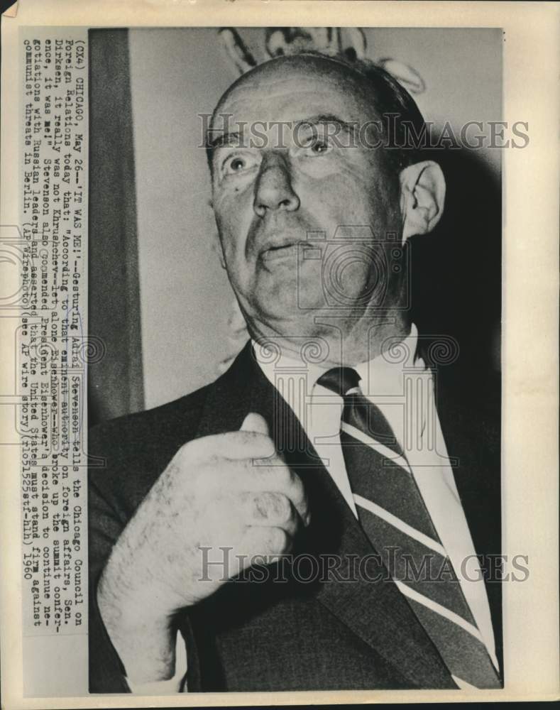 1960 Press Photo Adlai Stevenson speaks at Chicago Council on Foreign Relations