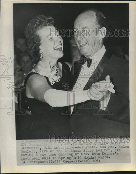 1961 Press Photo Adlai Stevenson and Helen Howlett dance at IL inaugural ball