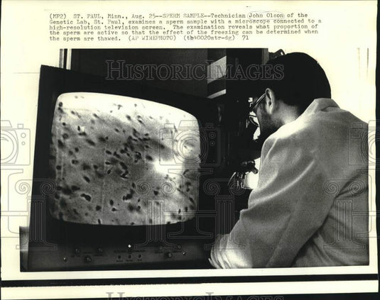 1971 Press Photo St. Paul Genetic Lab technician John Olson examines sperm
