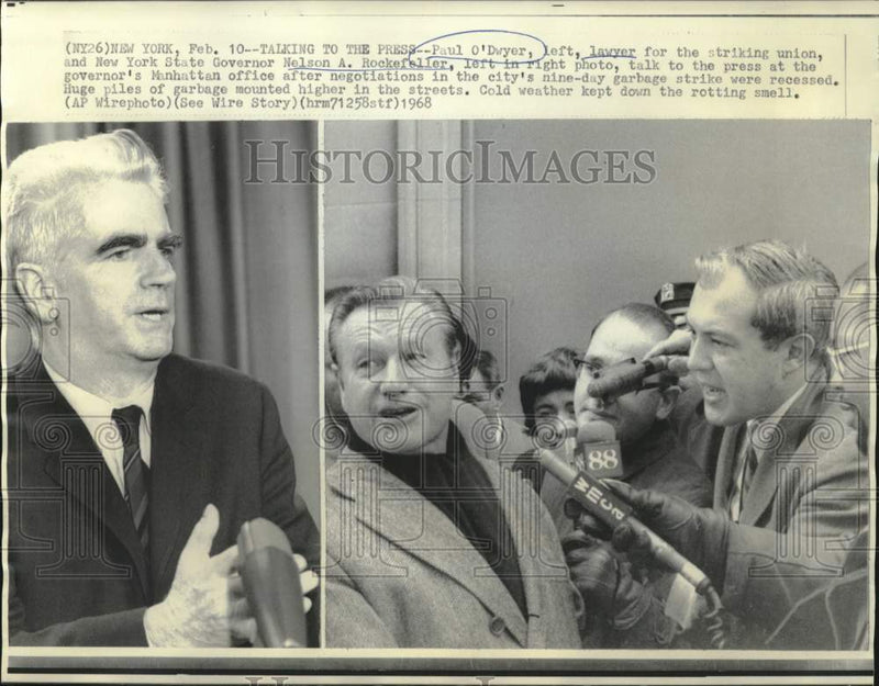 Load image into Gallery viewer, 1968 Press Photo Paul O'Dwyer and Governor Rockefeller with newsmen in New York
