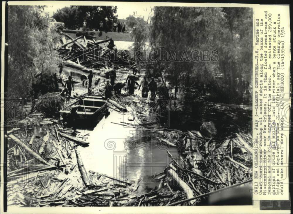 1974 Press Photo Marines and Coast Guardsmen clean oil from banks of Mississippi