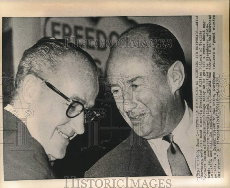 Load image into Gallery viewer, 1960 Press Photo Adlai Stevenson and Pollock at Textile Workers Union in Chicago
