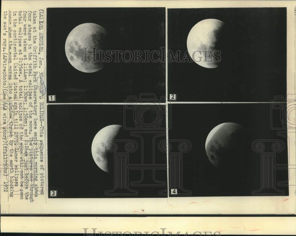 1972 Press Photo Griffith Park Observatory photos show stages of moon eclipse