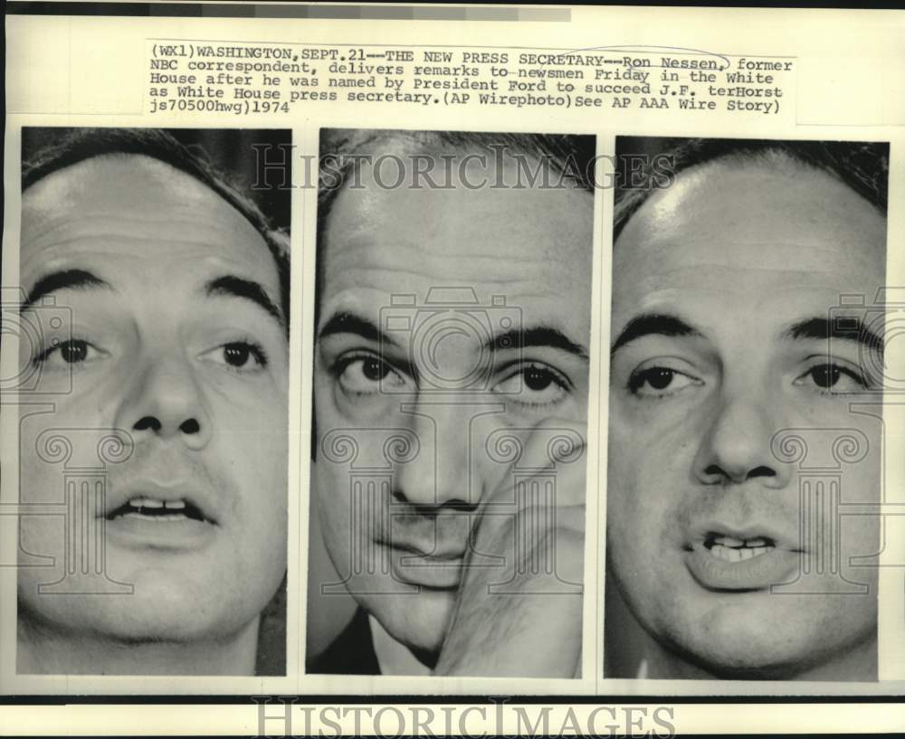 1974 Press Photo White House press secretary Nessen with press at White House