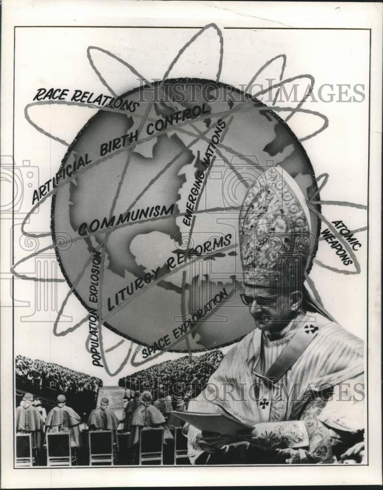 Load image into Gallery viewer, 1964 Press Photo Pope Paul VI seen against background of world and problems
