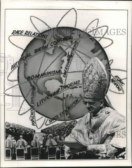 1964 Press Photo Pope Paul VI seen against background of world and problems