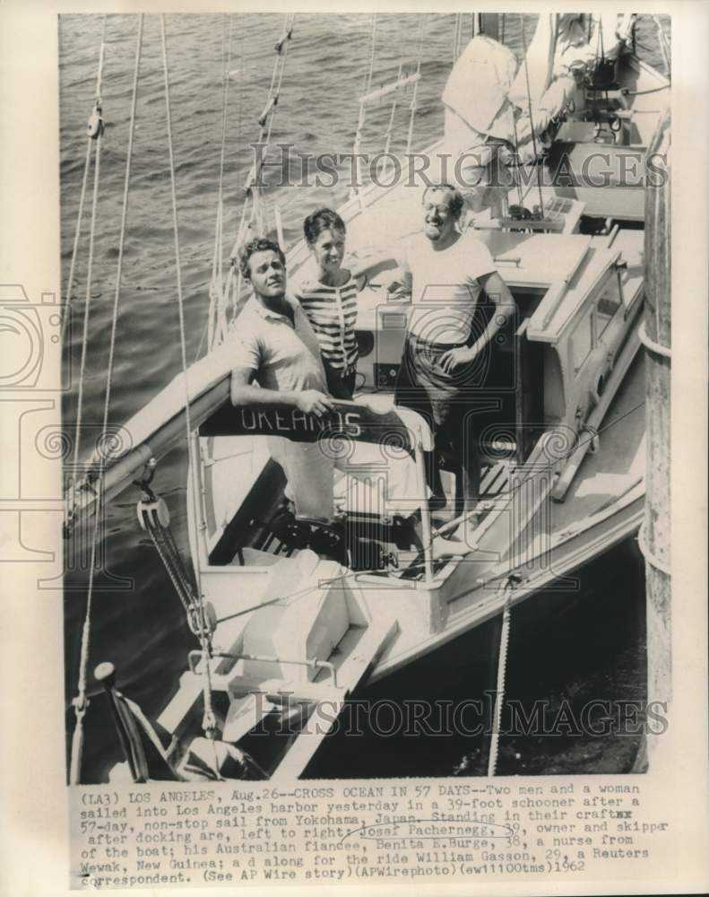 1962 Press Photo Pachernegg, Burge and Gasson arrive in Los Angeles from Japan