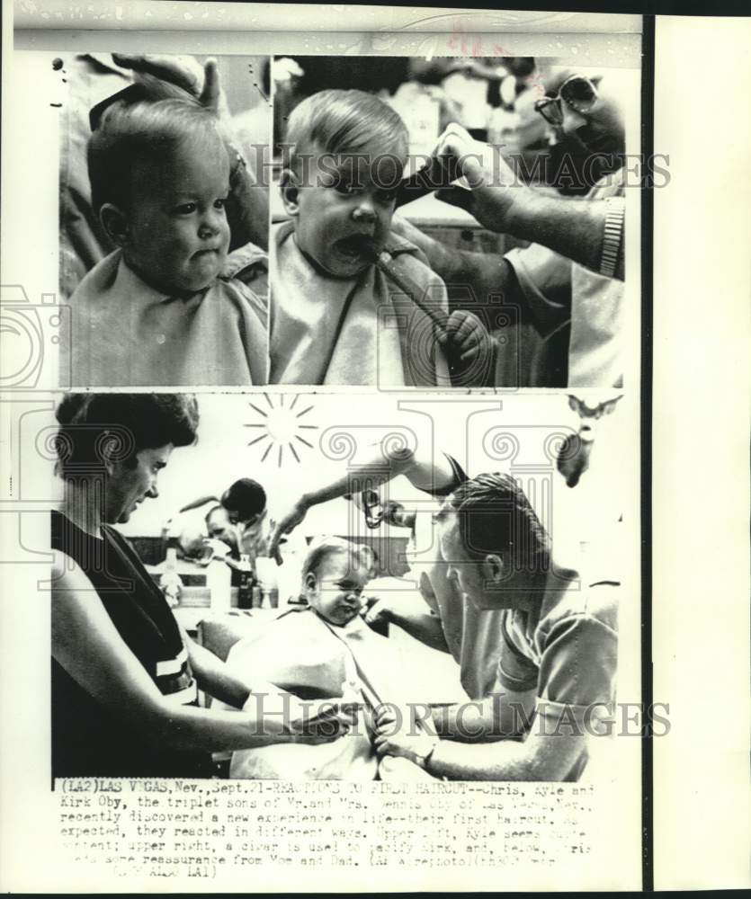 1971 Press Photo Nevada Oby triplets, Chris, Kyle and Kirk react to haircuts