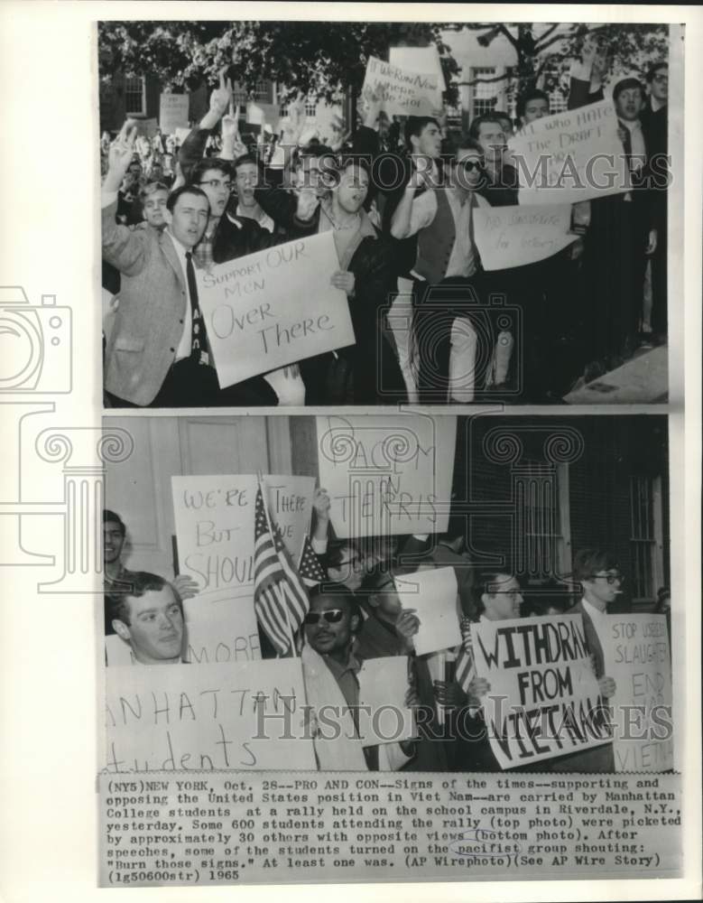 1965 Press Photo Vietnam War pro and con rally at Manhattan College, New York