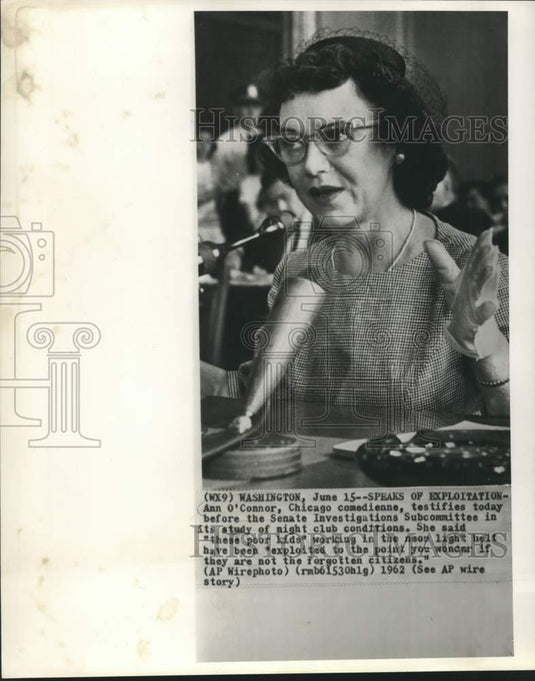 1962 Press Photo Chicago comedienne Ann O'Connor at Senate Investigations