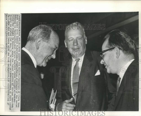 1963 Press Photo Dean Rusk with Kornienko and Ball at Soviet Embassy in D.C.