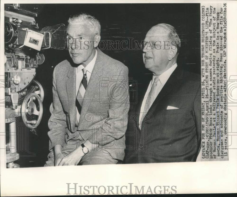 Load image into Gallery viewer, 1963 Press Photo Producer Frank Ross and Norman Vincent Peale at movie filming
