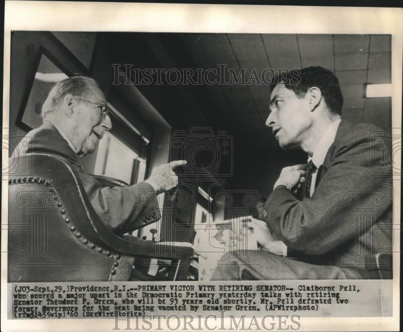 Load image into Gallery viewer, 1960 Press Photo Democratic winner Claiborne Pell talks with Senator Green in RI
