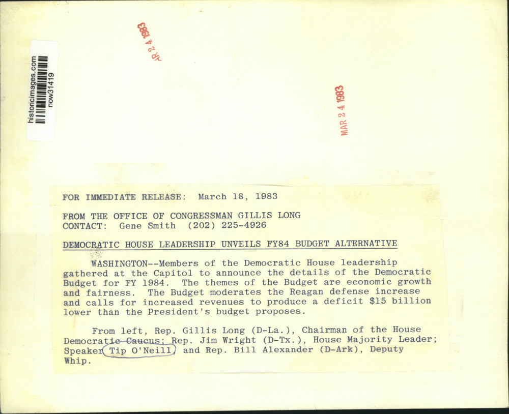 1983 Press Photo Speaker Tip O'Neill and other Democratic leaders unveils budget