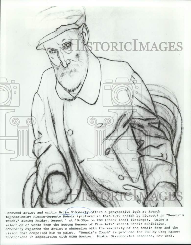 Load image into Gallery viewer, 1986 Press Photo Brian O'Doherty's look at Renoir's Picasso 1919 sketch

