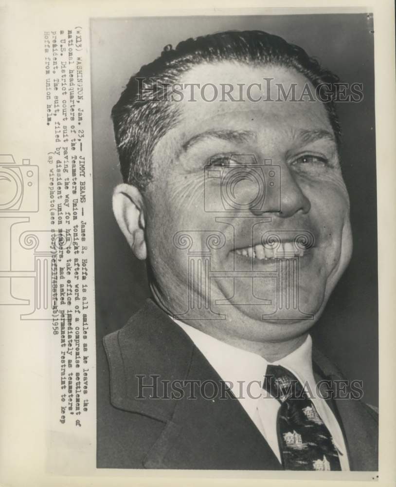1958 Press Photo James Hoffa leaving Teamsters Union national headquarters