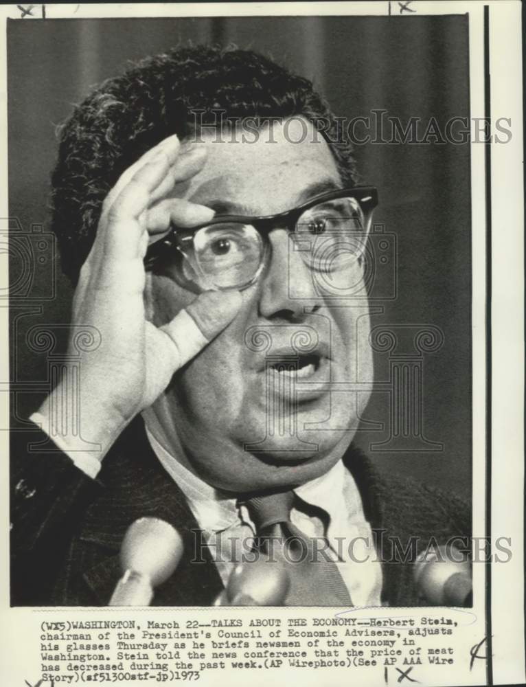 1973 Press Photo Economic adviser Herbert Stein briefs newsmen in Washington