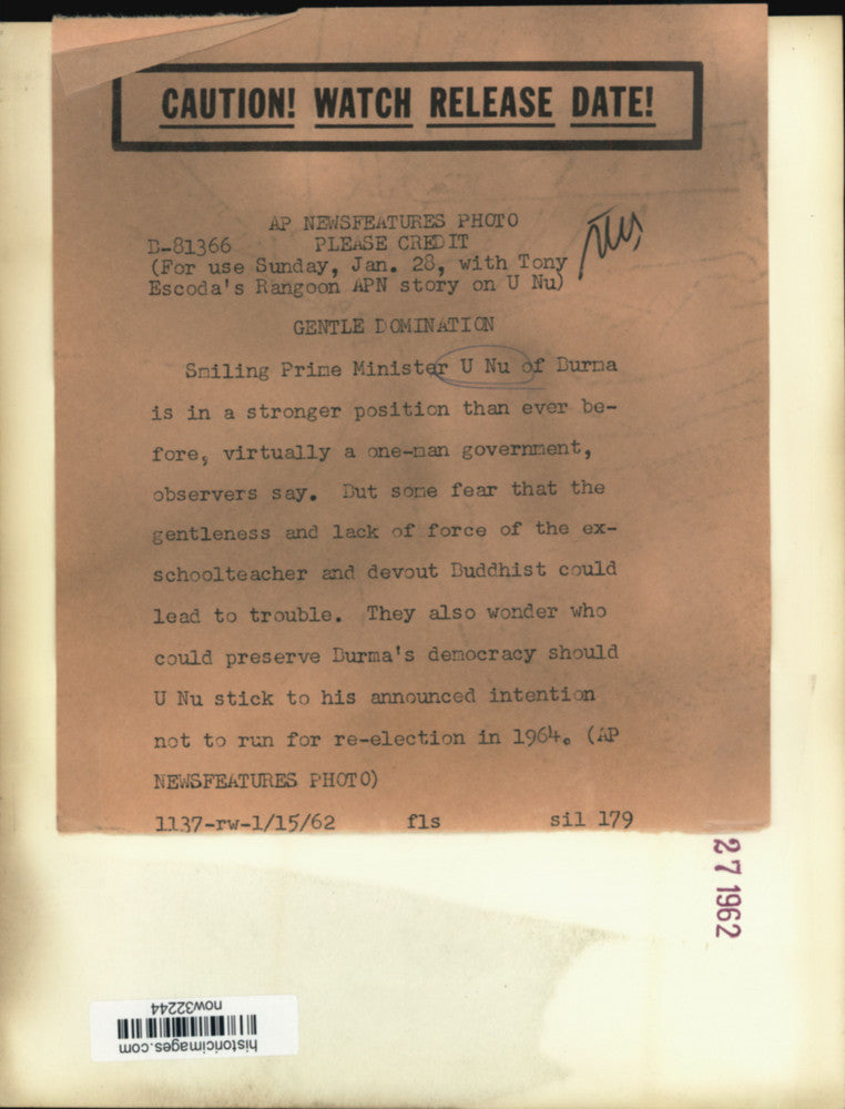 Load image into Gallery viewer, 1962 Press Photo Burma's one-man government Prime Minister U Nu - now32244
