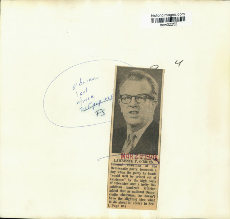 Load image into Gallery viewer, 1970 Press Photo Democratic National party chairman Lawrence O'Brien interviewed
