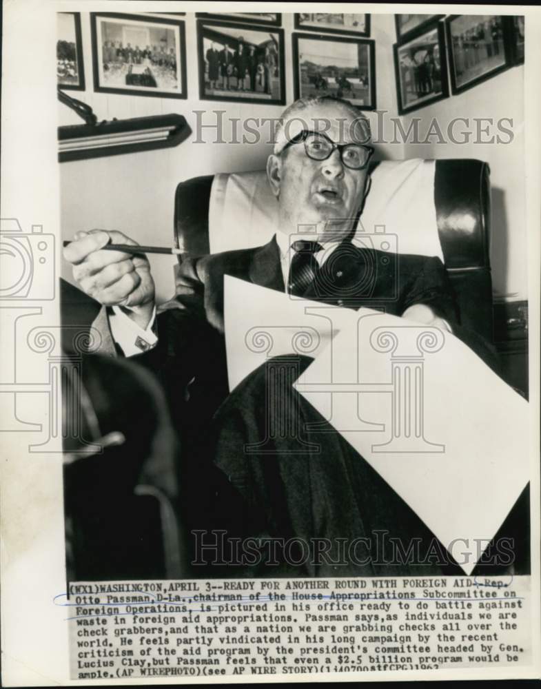 1963 Press Photo House Appropriations Chairman Otto Passman in Washington