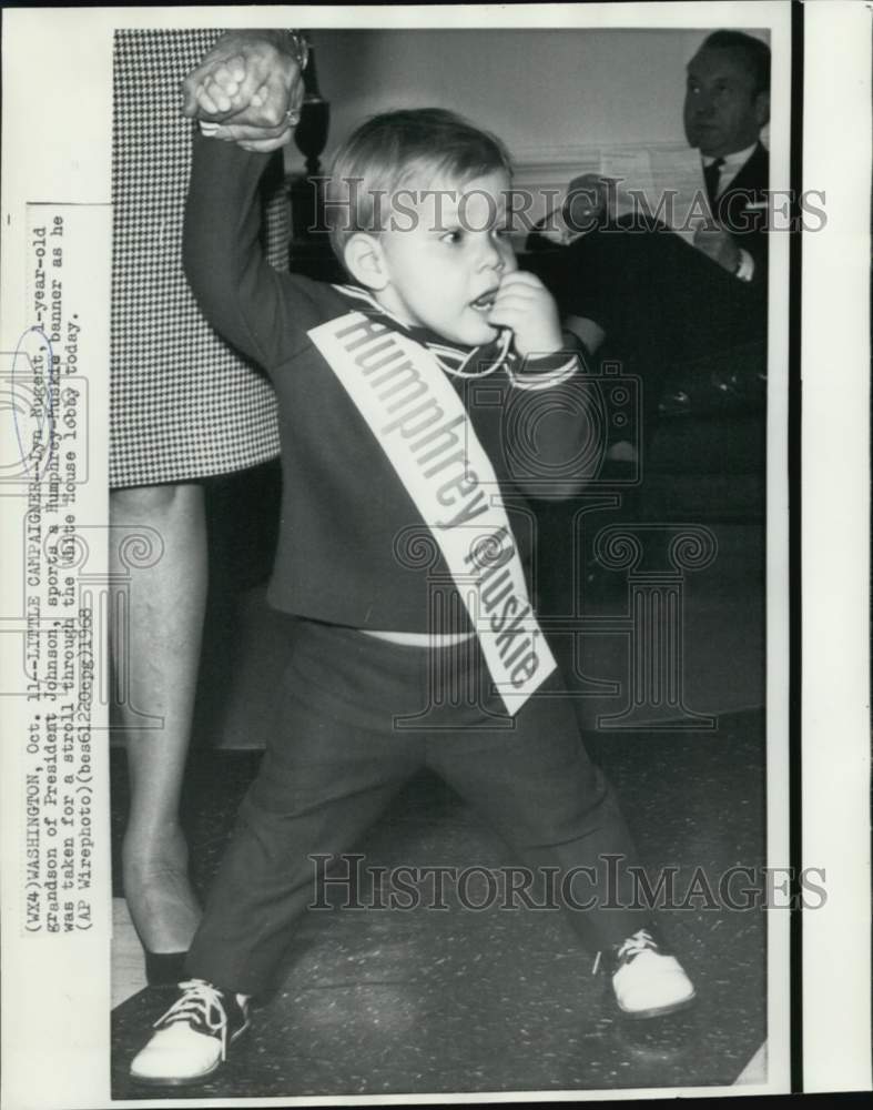 Load image into Gallery viewer, 1968 Press Photo Johnson's grandson Lyn wears campaign banner at White House
